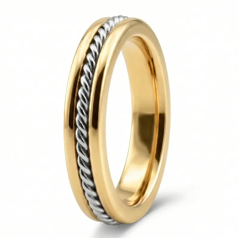 10K yellow-white-yellow gold 4mm. shiny finish Single-Braid-Handcrafted-Wedding-Ring - alternate view 8