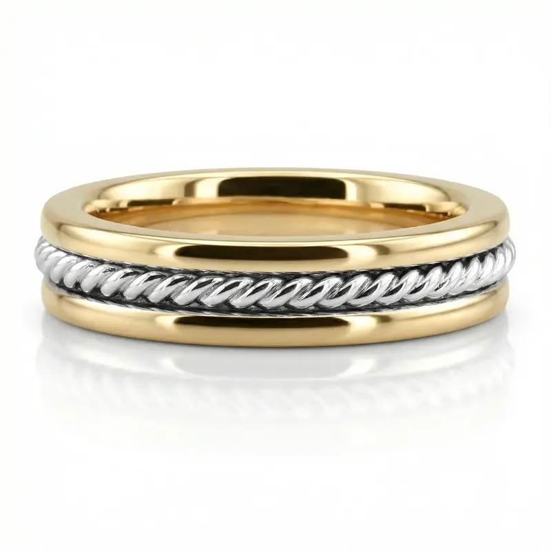 10K yellow-white-yellow gold 4mm. shiny finish Single-Braid-Handcrafted-Wedding-Ring - alternate view 3