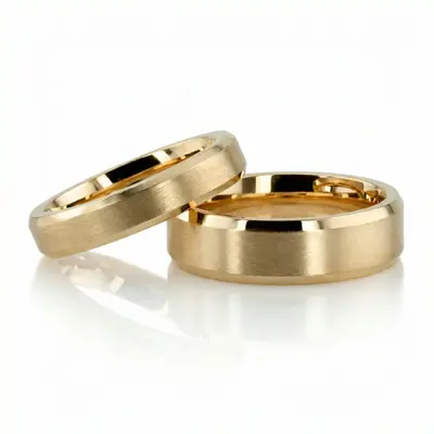 Beveled Edge Satin Diamond Cut Wedding Ring Set thumbnail 2