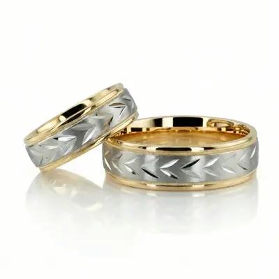 Leaf Design Two-Color Diamond Cut Wedding Ring Set thumbnail 1