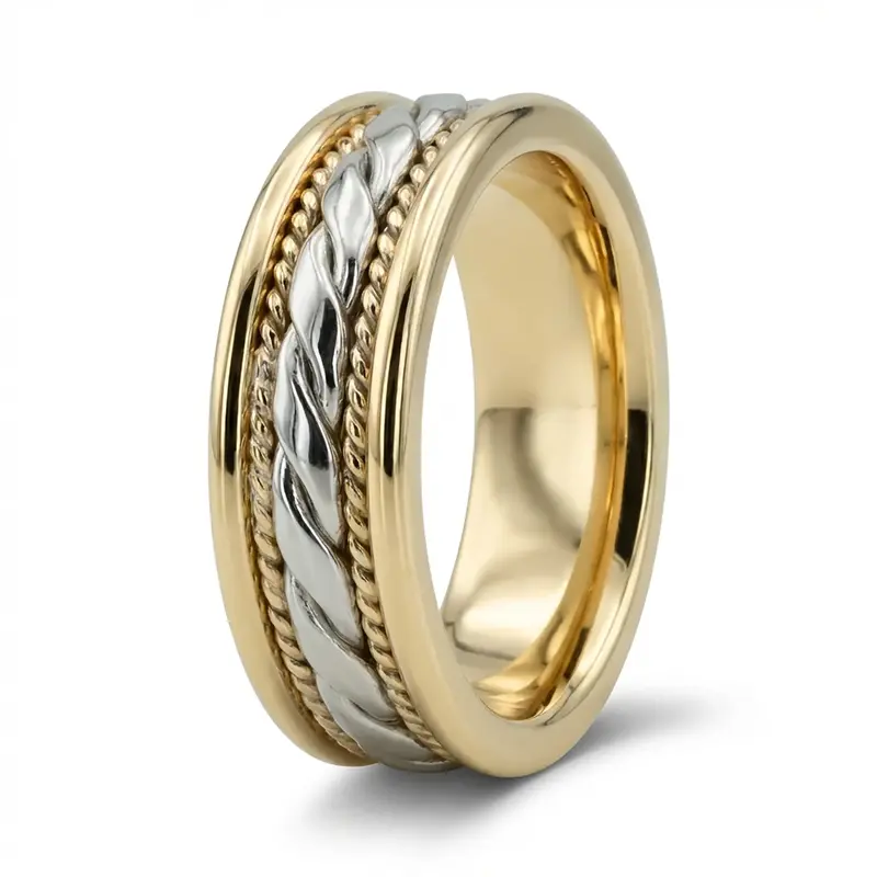 10K yellow-white-yellow gold 7mm. shiny finish hand-made-wedding-ring - alternate view 4