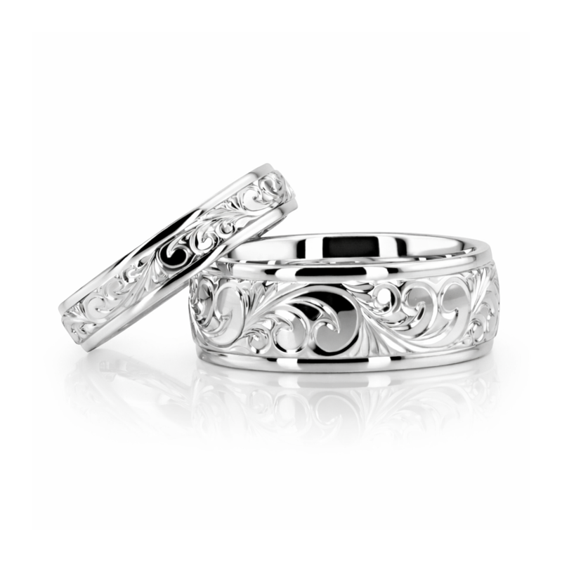 18K Floral Carved His and Hers Wedding Band Set - alternate view 2