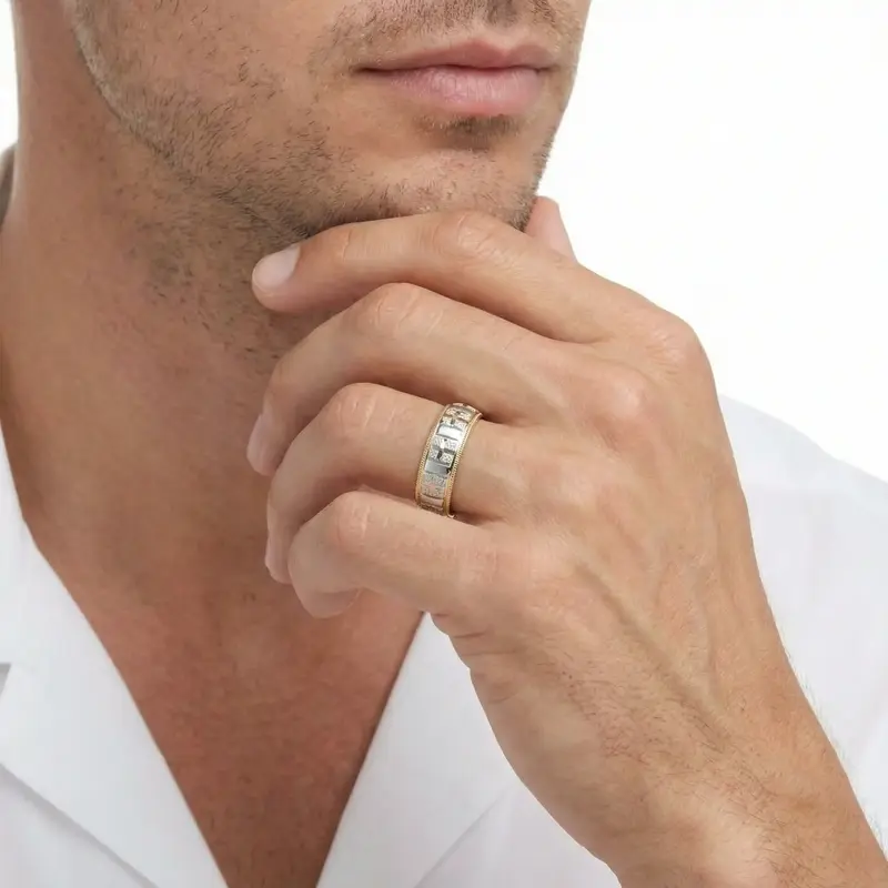 10K yellow-white-yellow gold 7mm. diamond cut basic-carved-religious-wedding-ring - alternate view 6
