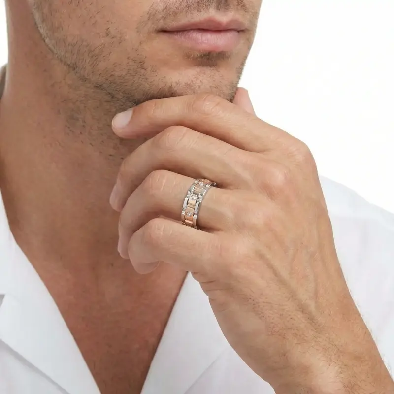 10K white-yellow-white gold 6.5mm high polish Rolex-Style-Round-Diamond-Wedding-Band - alternate view 3