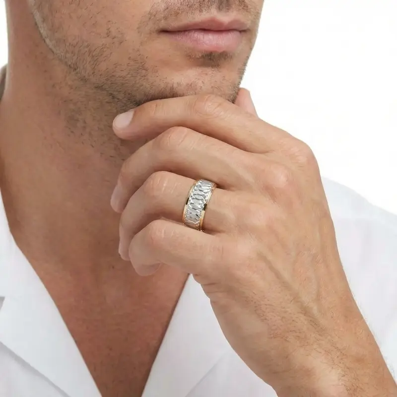 14K yellow-white-yellow gold 8mm. stone finish diamond-cut-fancy-carved-wedding-band - alternate view 7