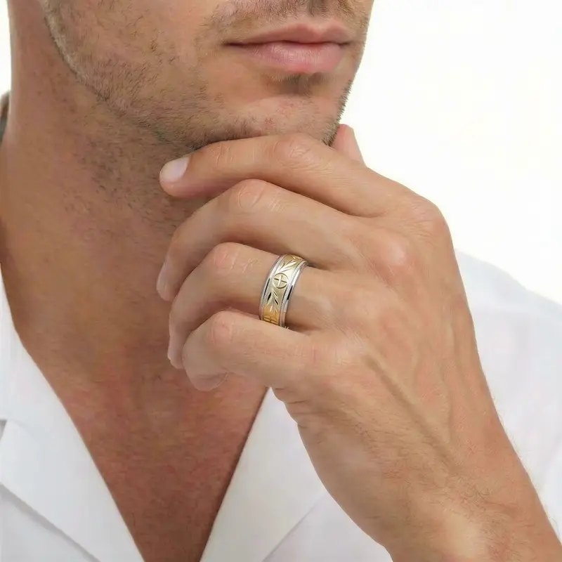 10K white-yellow-white gold 7mm. same as picture Religious-Leaf-Design-Wedding-Band - alternate view 6