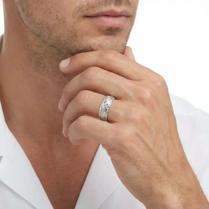 10K white gold 8mm. cross satin fancy-carved-diamond-cut-wedding-ring - alternate view 6