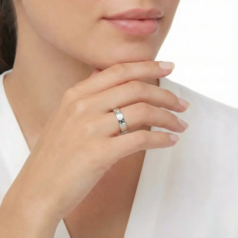 14K white gold 4mm. high polish Starstruck-Designer-Flat-Comfort-Fit-Wedding-Band - alternate view 3