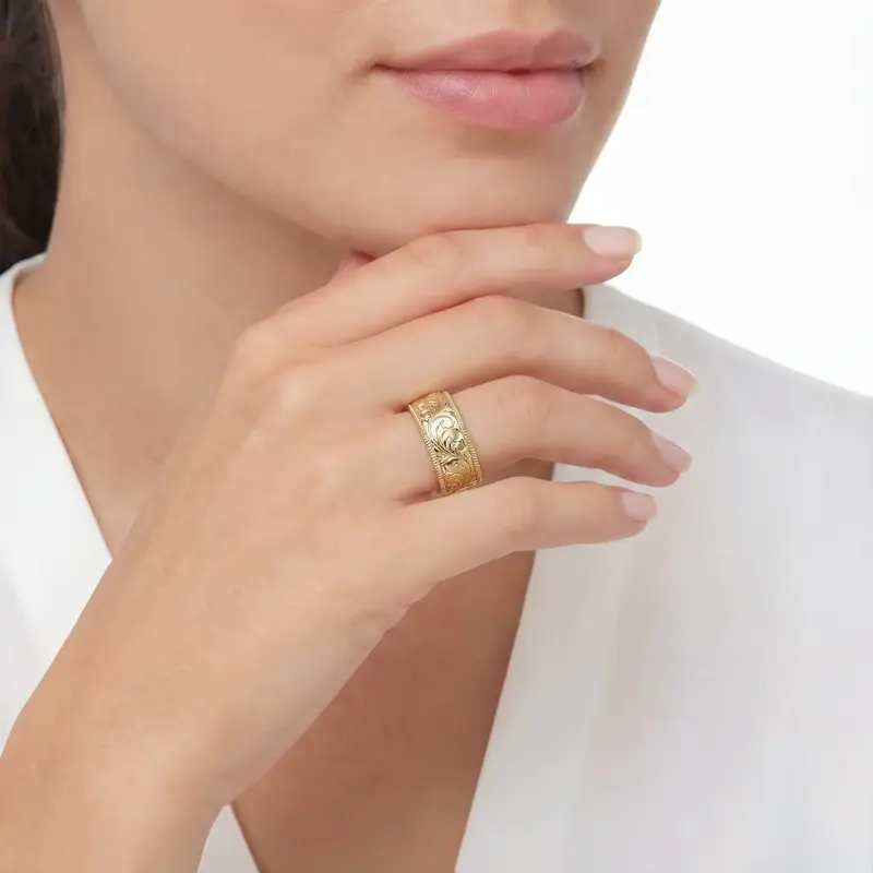 10K yellow gold 8mm. shiny finish fancy-carved-hand-engraved-wedding-band - alternate view 3