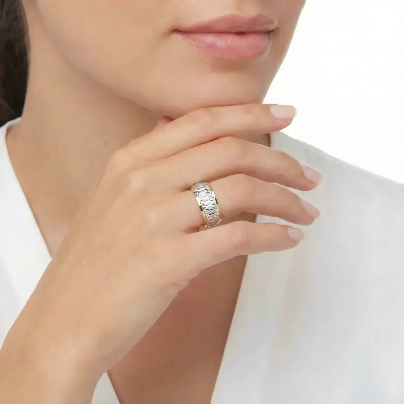 14K yellow-white-yellow gold 8mm. stone finish diamond-cut-fancy-carved-wedding-band - alternate view 3