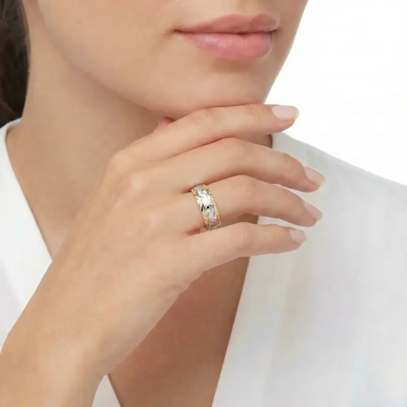10K yellow-white-yellow gold 7mm. cross satin fancy-carved-diamond-cut-wedding-ring - alternate view 5