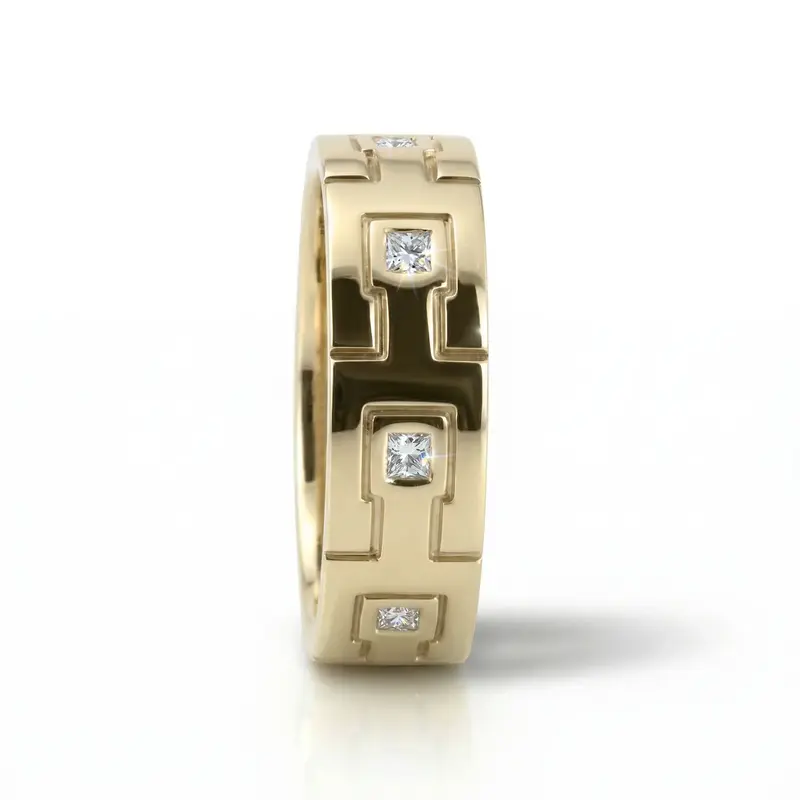18K yellow gold 7.5mm. high polish Greek-Key-Princess-Diamond-Wedding-Band - alternate view 4