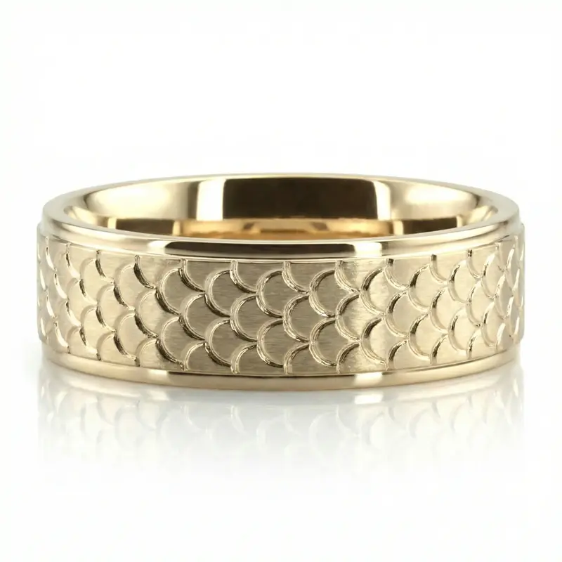 14K yellow gold 7mm. satin finish fishscale-fancy-wedding-band - alternate view 6