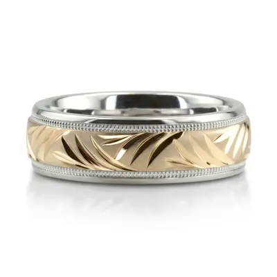 Exquisite Leaf Design Fancy Carved Wedding Ring  - view 1 thumbnail