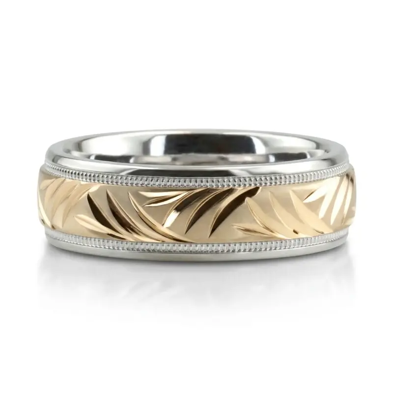 14K white-yellow-white gold 6mm. cross satin fancy-carved-diamond-cut-wedding-band - alternate view 2