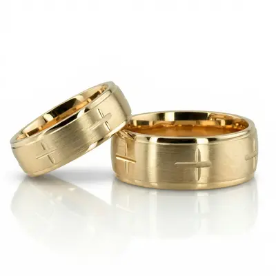 Exquisite Cross Carved Design Wedding Ring Set - view 1 of 6