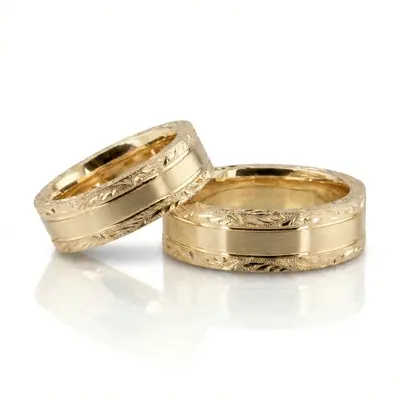 Hand-Engraved Floral Design Matching Wedding Rings - view 1 of 4