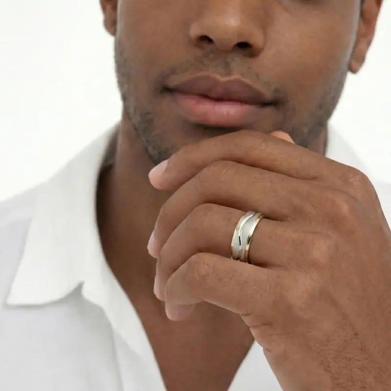14K yellow-white-yellow gold 6.5mm cross satin two-tone-wedding-band - alternate view 4