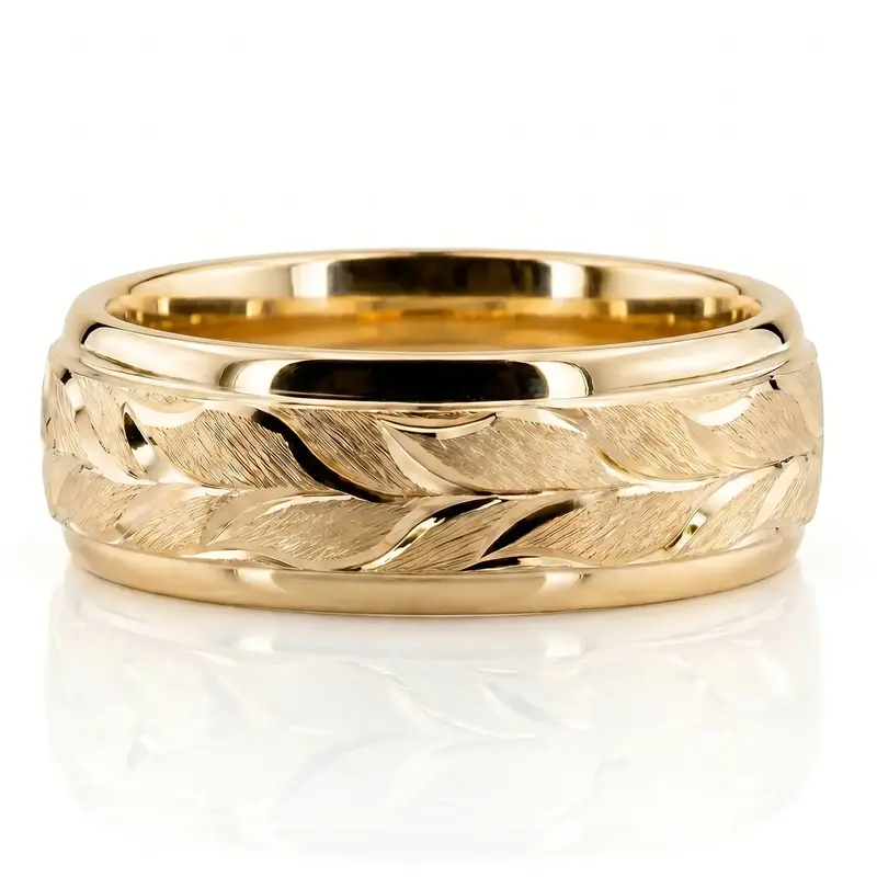 14K all yellow gold 9mm. satin Floral-Carved-Fancy-Wedding-Ring - alternate view 8
