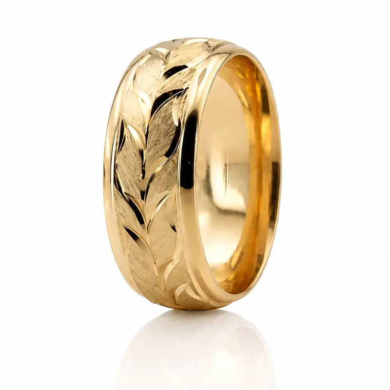 14K all yellow gold 9mm. satin Floral-Carved-Fancy-Wedding-Ring - alternate view 9