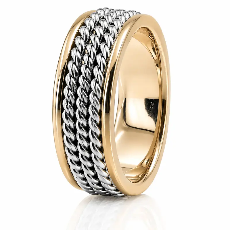 10K yellow-white-yellow gold 7mm. shiny finish hand-made-woven-wedding-band - alternate view 2