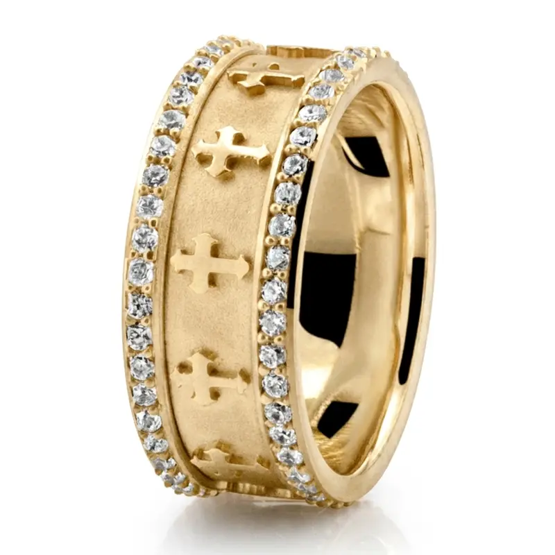 10K yellow gold 8mm. same as picture Cross Design Diamond Edge Wedding Band - alternate view 4