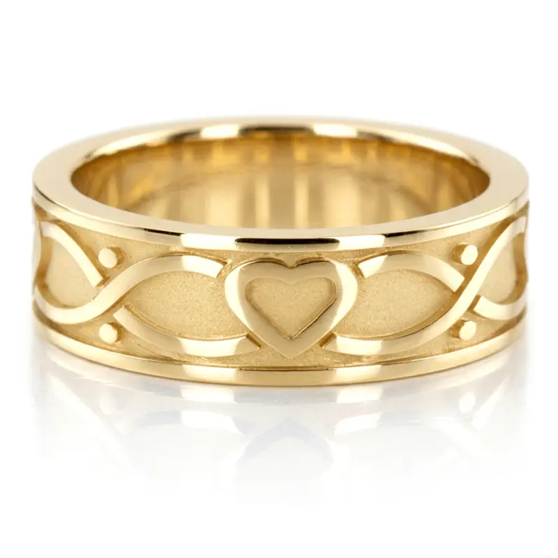 10K yellow gold 7mm. high polish 7-mm-hearts-design-gold-men's-wedding-band - alternate view 2