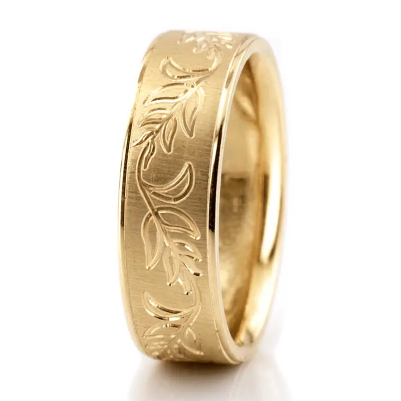 10K yellow gold 7mm. cross satin Traditional-Fancy-Floral-Carved-Wedding-Ring - alternate view 4