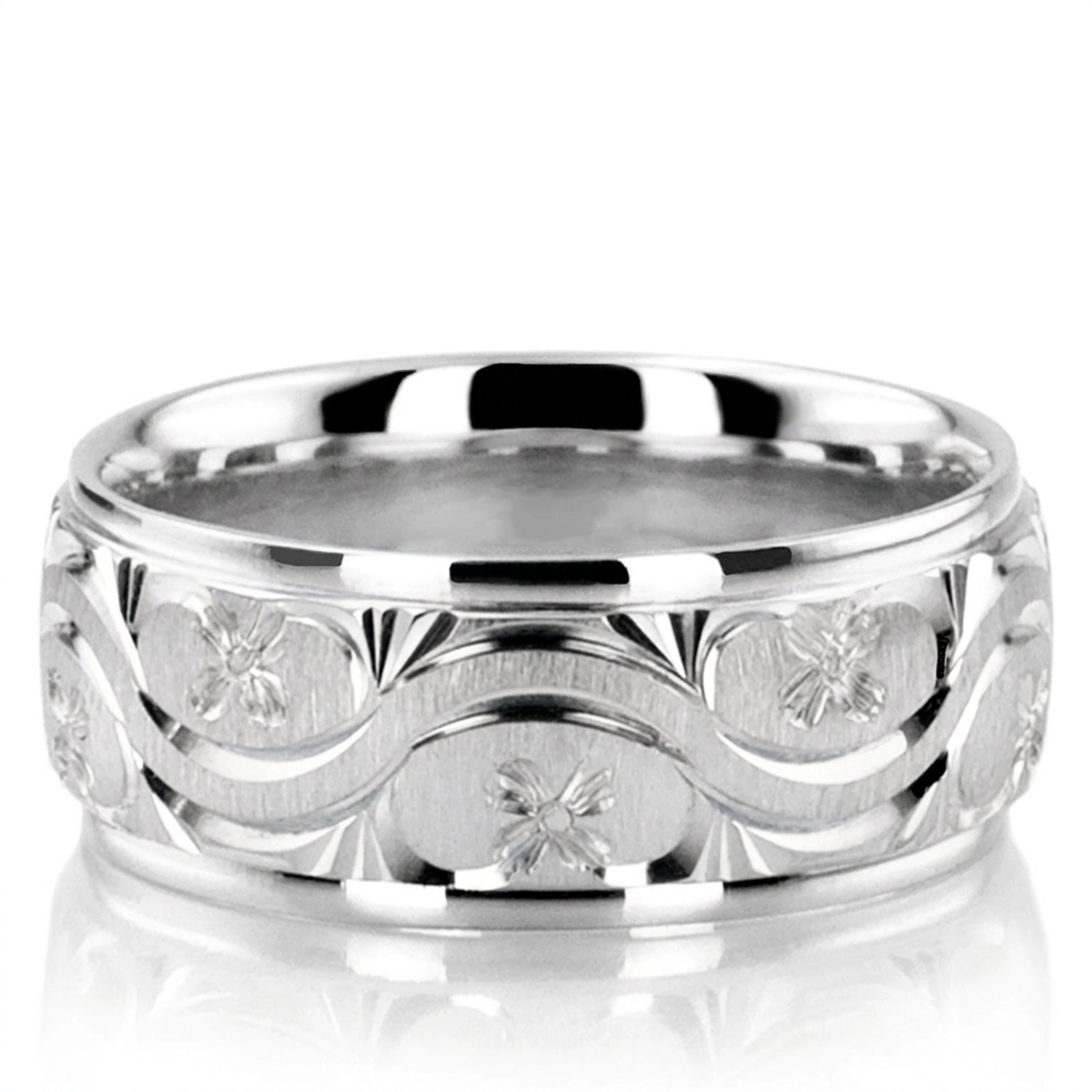 14K white gold 7mm. cross satin hand-engraved-fancy-carved-wedding-band - alternate view 3