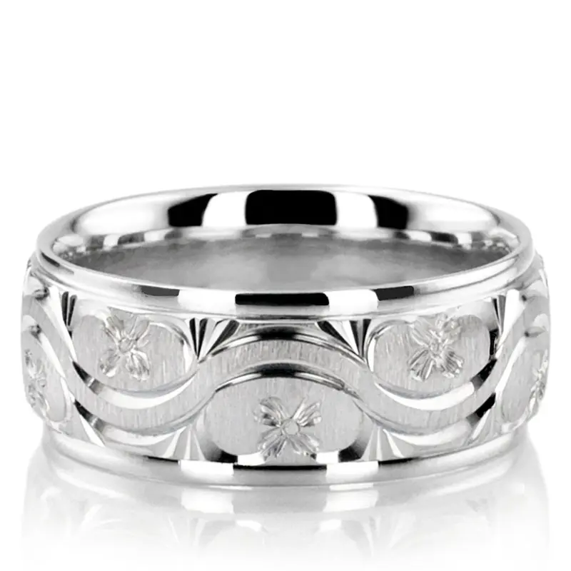 10K white gold 7mm. cross satin hand-engraved-fancy-carved-wedding-band - main view
