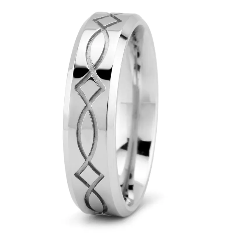 14K white gold 6mm. high polish Mill-Carved-Wedding-Ring - main view