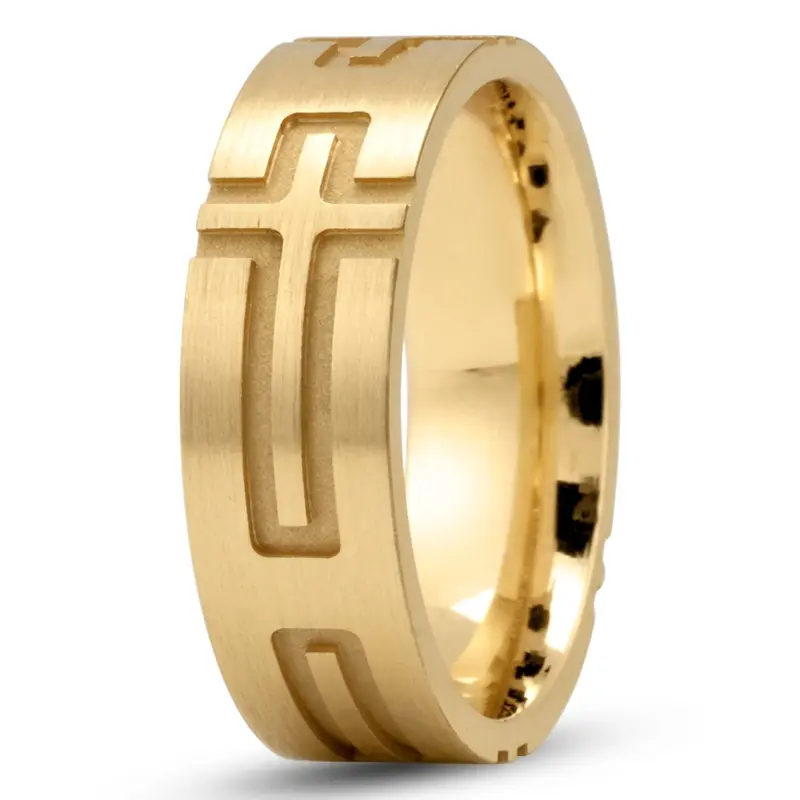 18K yellow gold 7mm. satin religious-cross-wedding-ring - alternate view 2