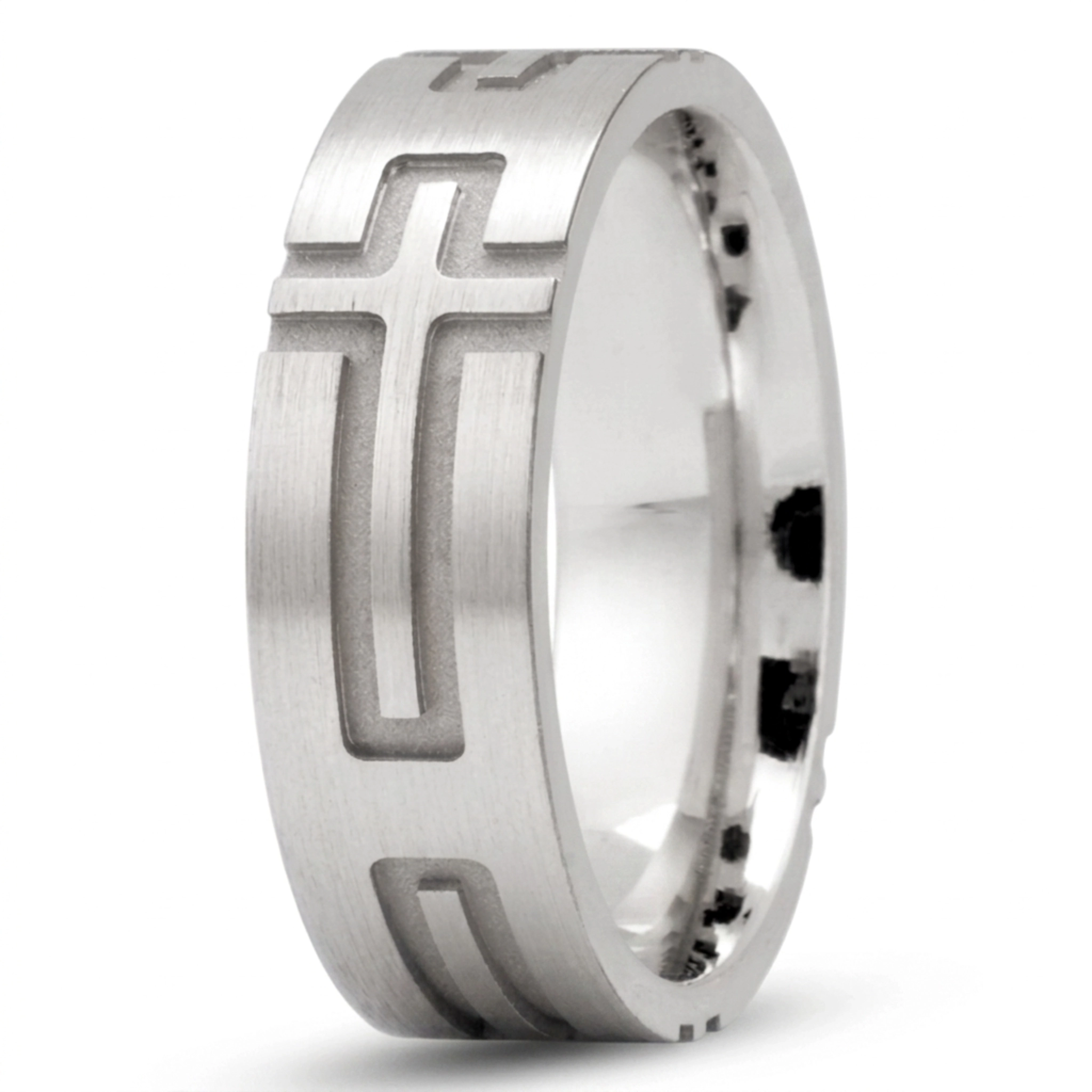 10K white gold 7mm. satin religious-cross-wedding-ring - main view