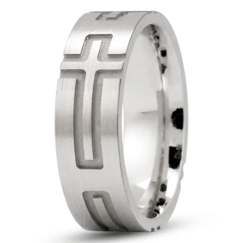 18K white gold 7mm. satin religious-cross-wedding-ring - main view