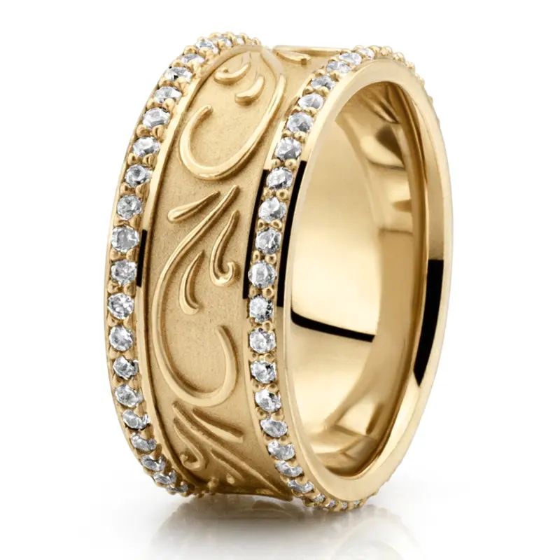 14K yellow gold 9mm. same as picture Scroll Engraved Diamond Edge Fancy Wedding Ring - alternate view 2