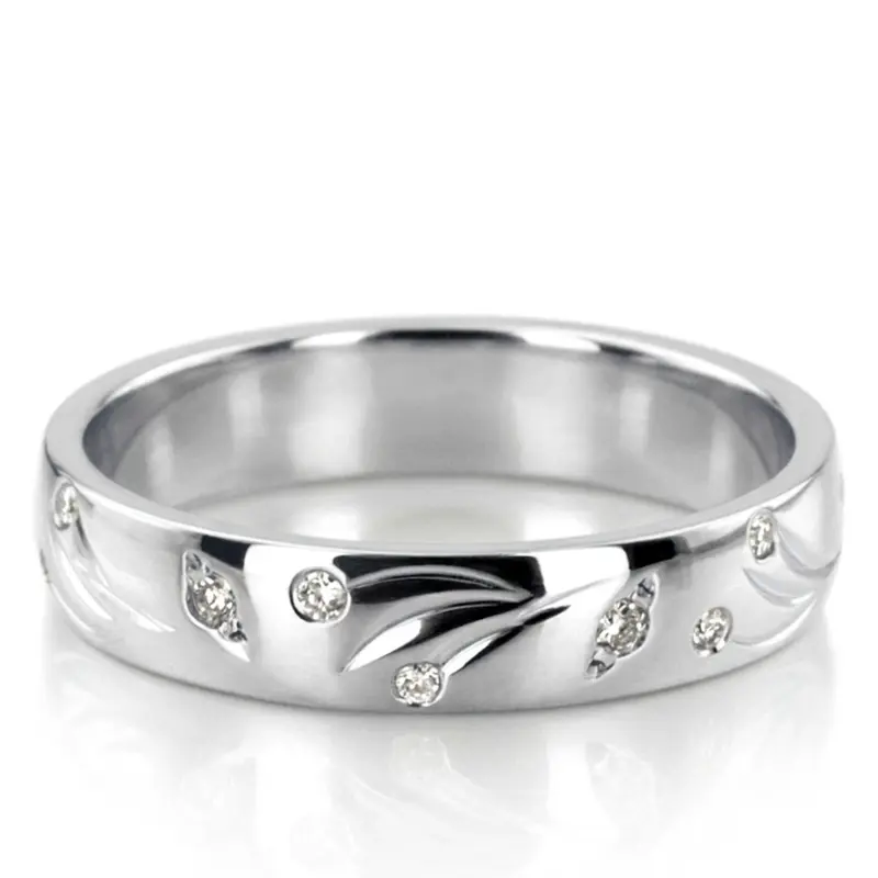 14K white gold 4mm. high polish Leaf-Carved-Diamond-Wedding-Ring - alternate view 2