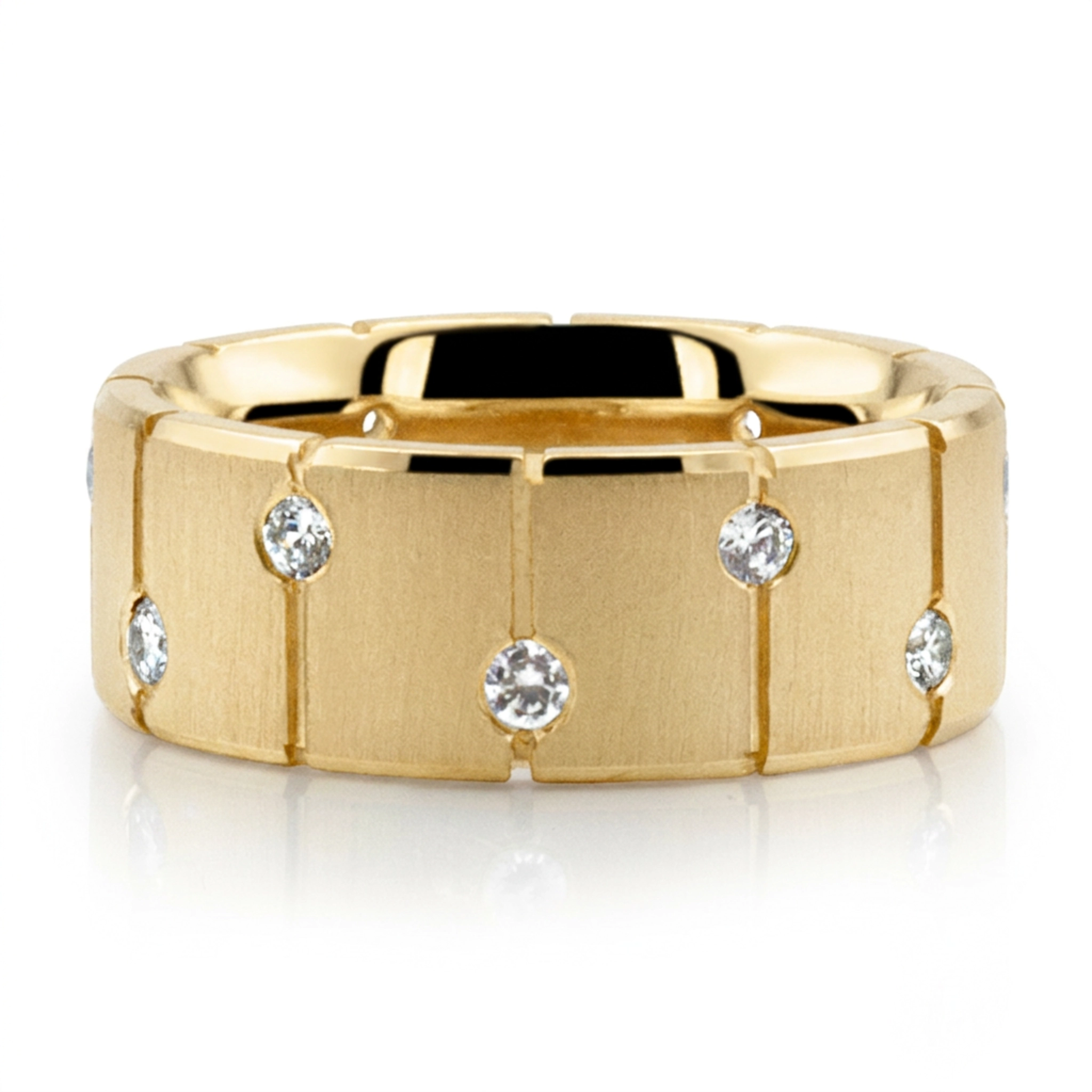 10K yellow gold 7.5mm. cross satin Eclipse Diamond Wedding Band - main view