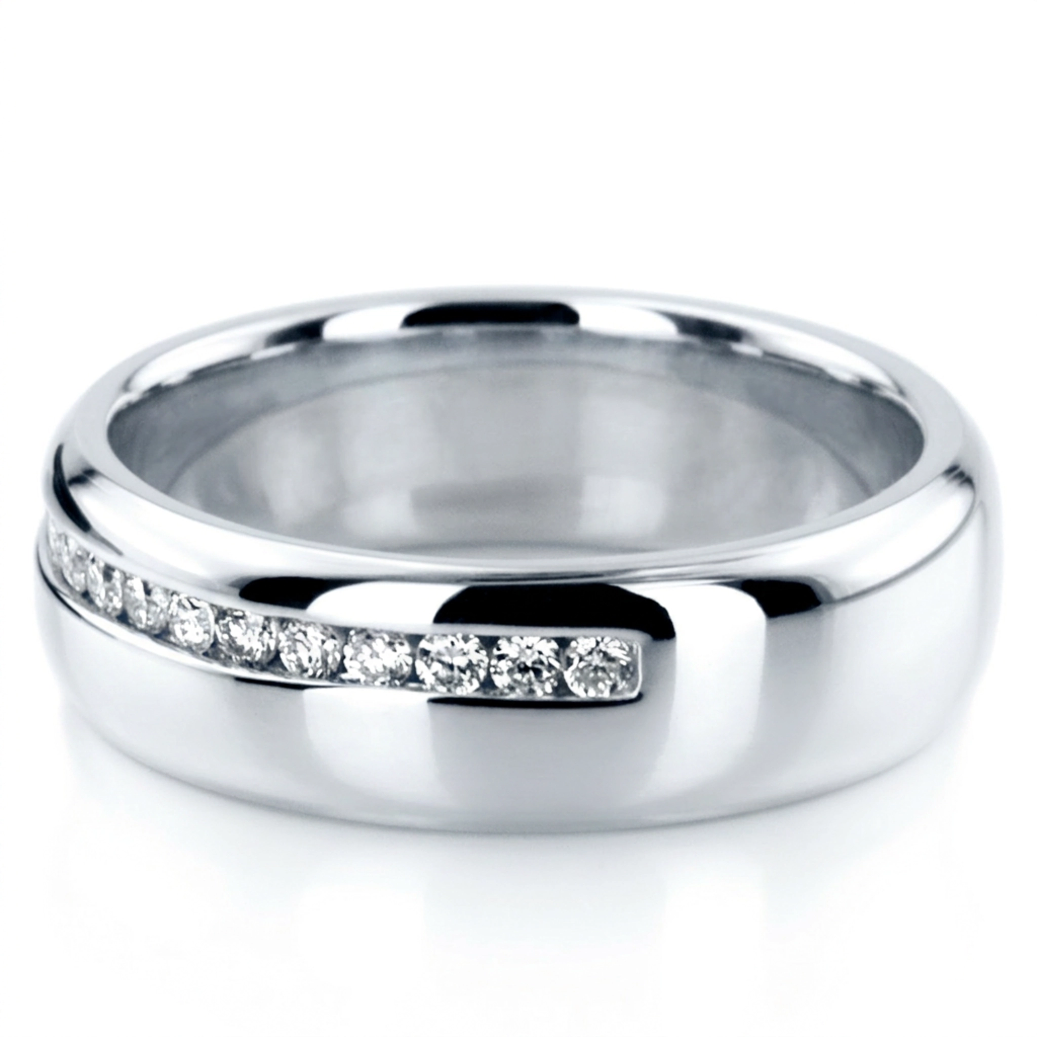 14K white gold 5.5mm. high polish Off-Center-Channel-Set-Diamond-Wedding-Ring - alternate view 2