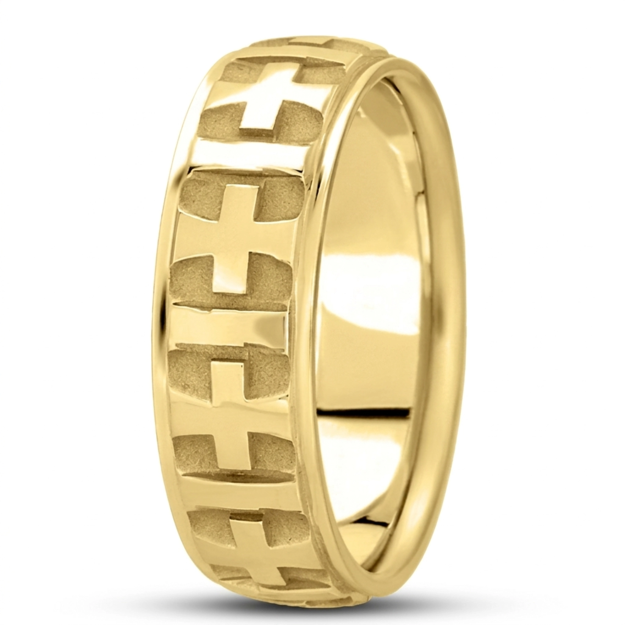 10K yellow gold 7mm. high polish basic-carved-religious-wedding-ring - alternate view 4
