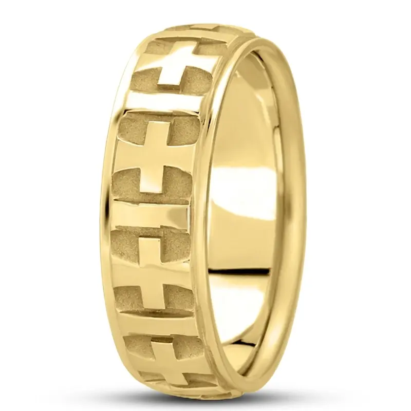 10K yellow gold 7mm. high polish basic-carved-religious-wedding-ring - alternate view 5