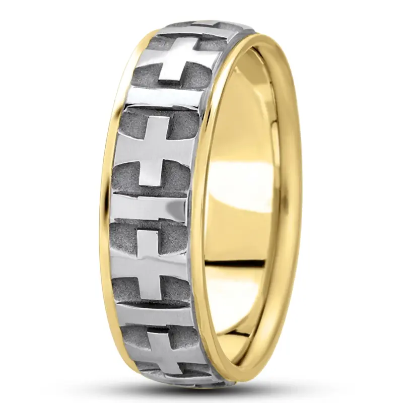 10K yellow-white-yellow gold 7mm. high polish basic-carved-religious-wedding-ring - alternate view 6