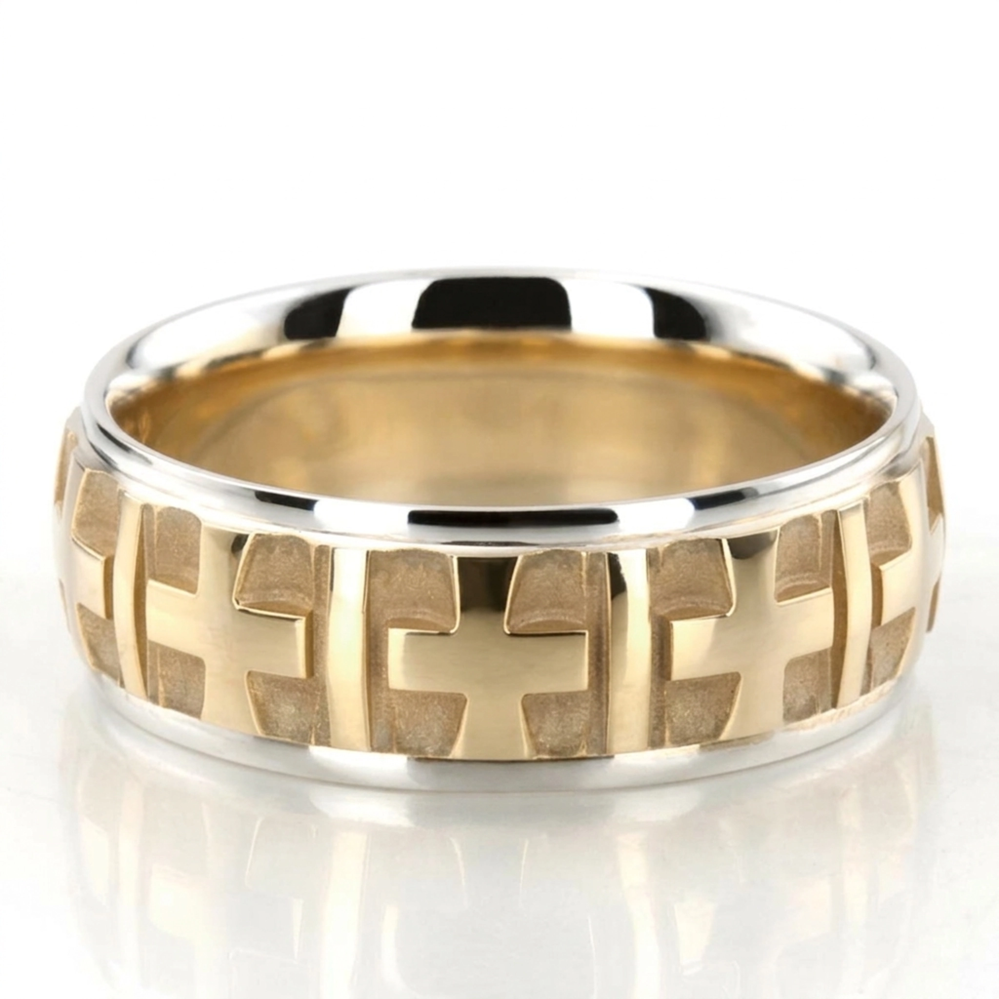 10K white-yellow-white gold 7mm. high polish basic-carved-religious-wedding-ring - alternate view 2