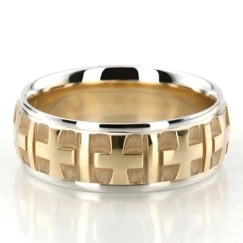 10K white-yellow-white gold 7mm. high polish basic-carved-religious-wedding-ring - alternate view 2