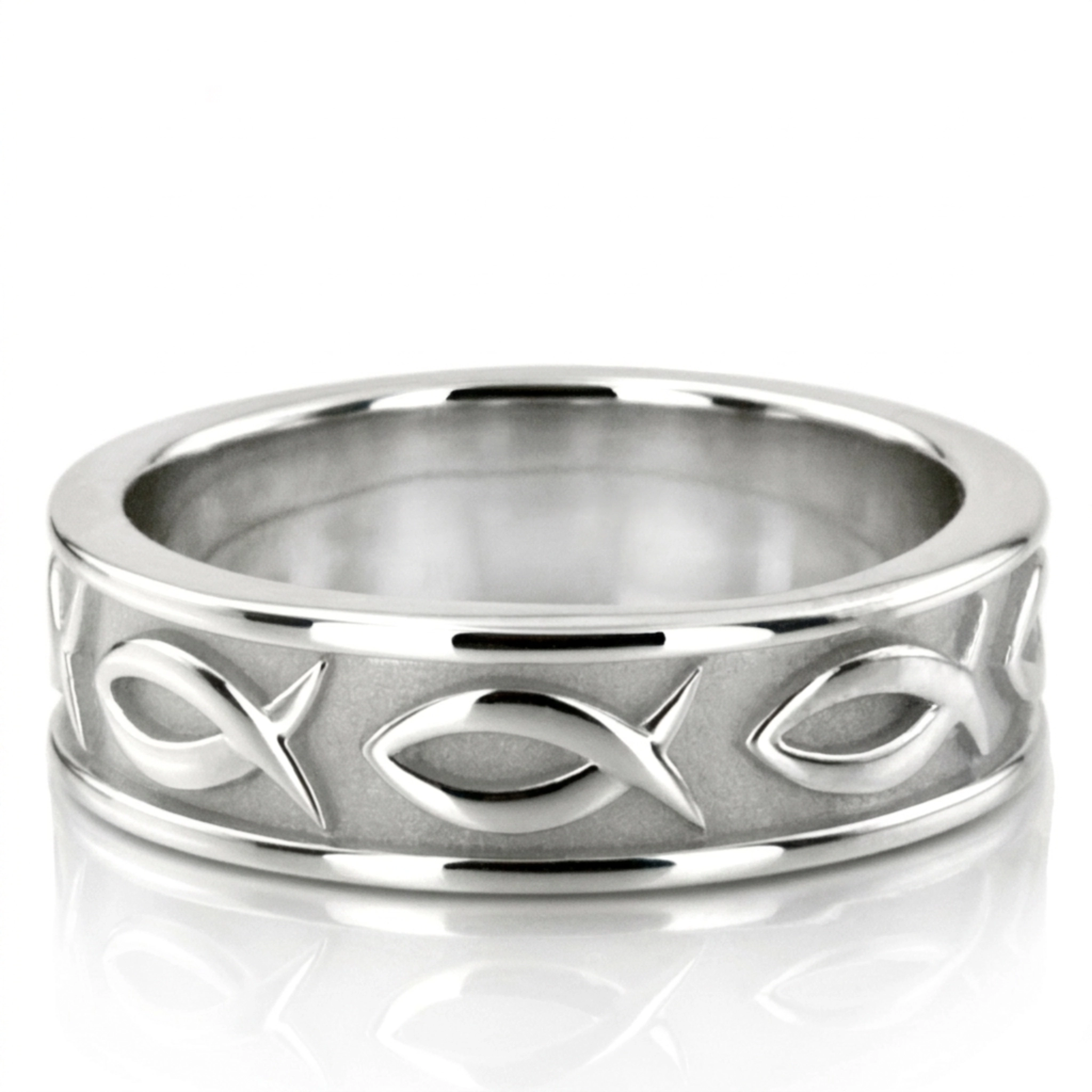 10K white gold 7mm. high polish hand-made-religious-wedding-band - main view