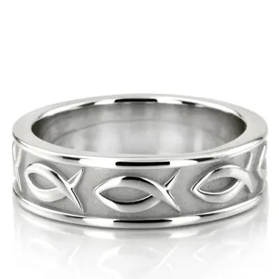 Ichthus Jesus Fish Motif Christian Wedding Band  - view 1 of 8