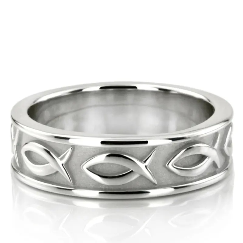 14K white gold 7mm. high polish hand-made-religious-wedding-band - main view