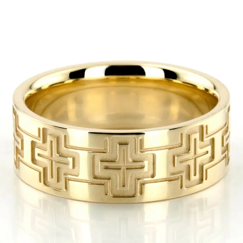 10K yellow gold 8mm. high polish cross-fine-wedding-ring - main view