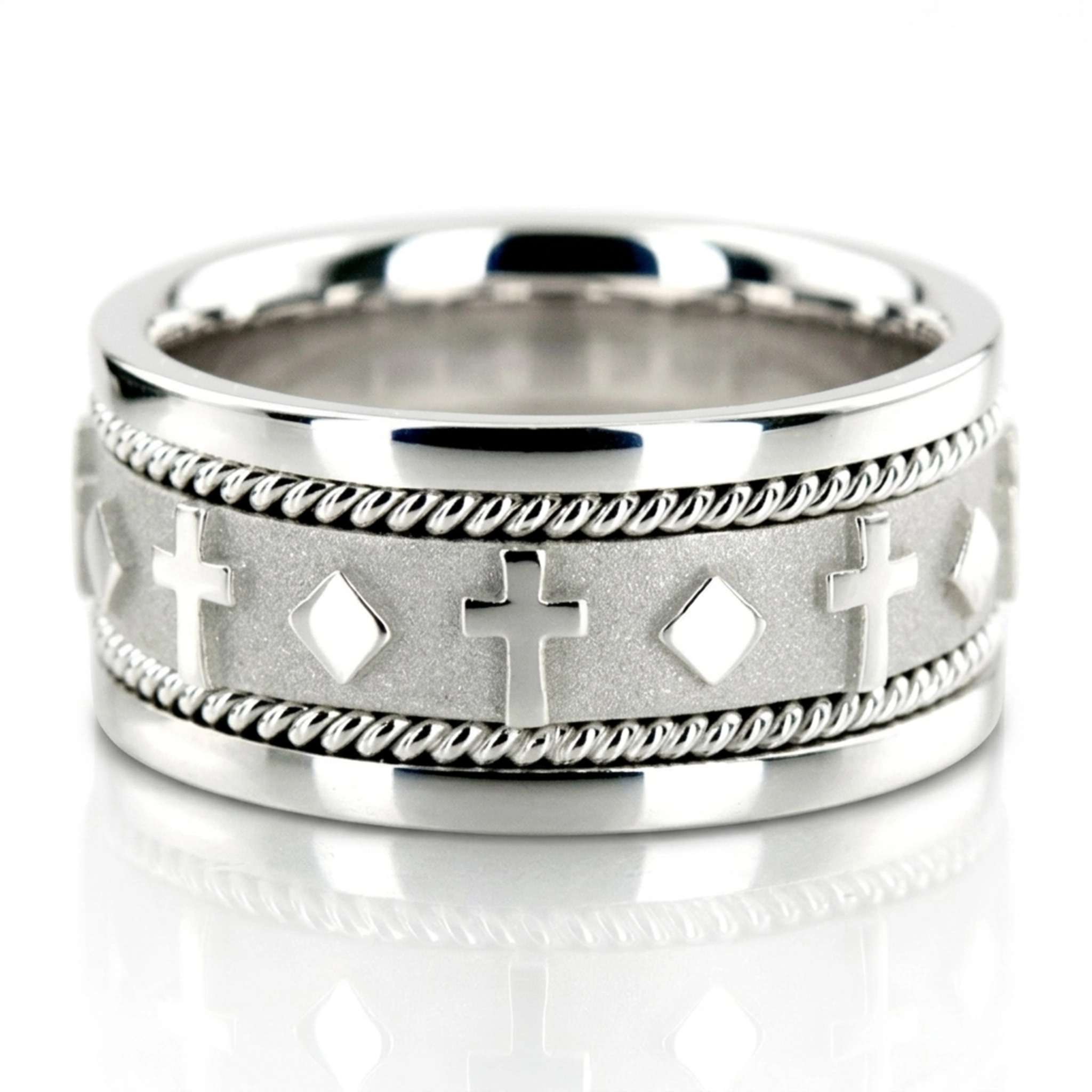 10K white gold 10.5mm. high polish hand-made-religious-wedding-band - main view