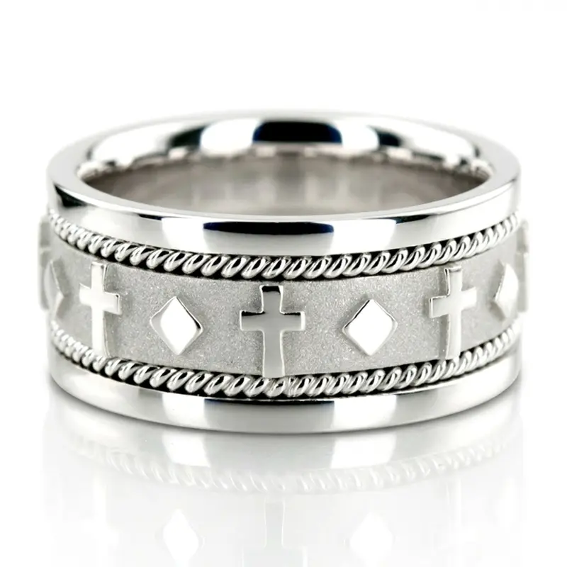 14K white gold 10.5mm. high polish hand-made-religious-wedding-band - main view