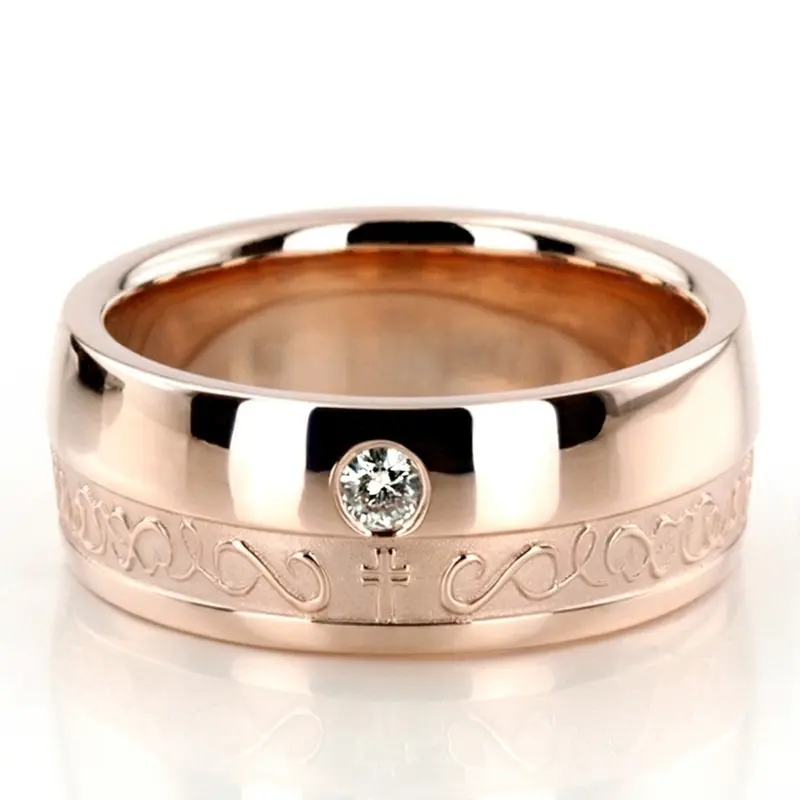 14K pink gold 8mm. high polish Traditional-Cross-Diamond-Wedding-Ring - main view
